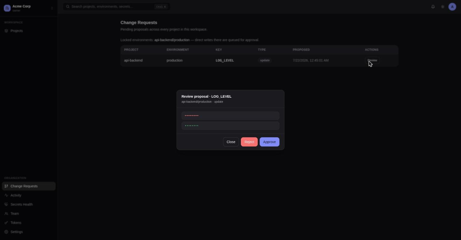 The Change Requests queue, listing pending proposals across locked environments