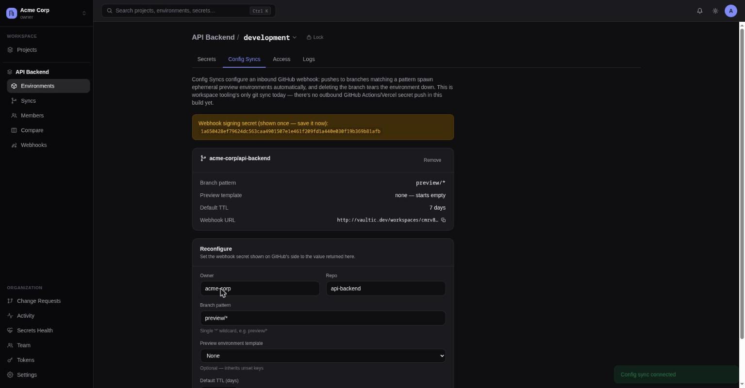 A connected Config Sync, with the one-time signing secret banner and the generated webhook URL