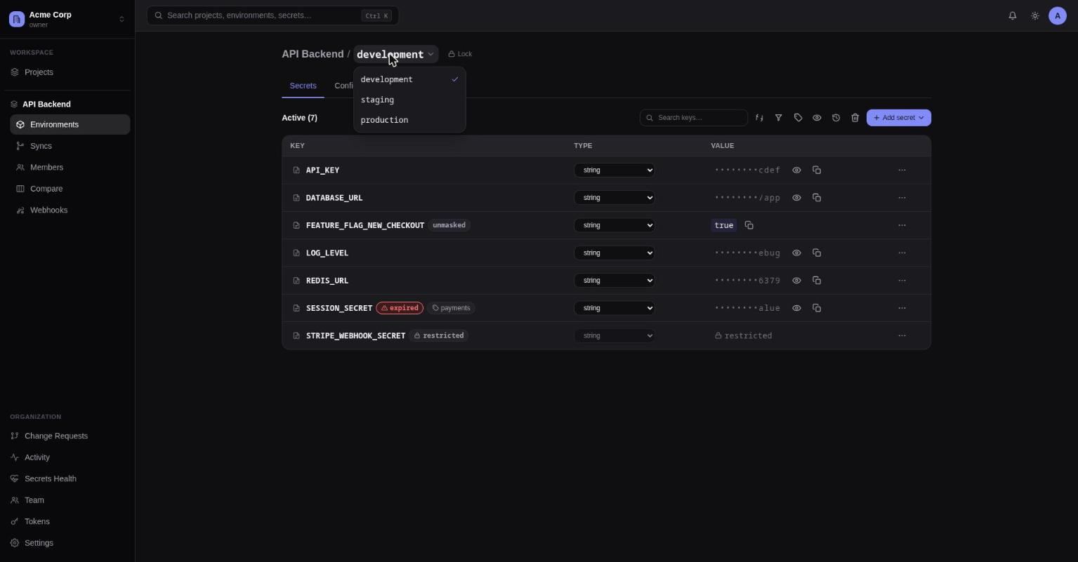 The environment switcher popover, opened from the environment slug in the header