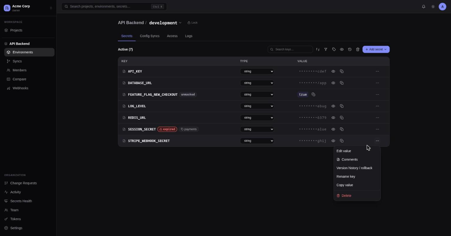 The Secrets tab, showing expired, tagged, unmasked, and restricted badges