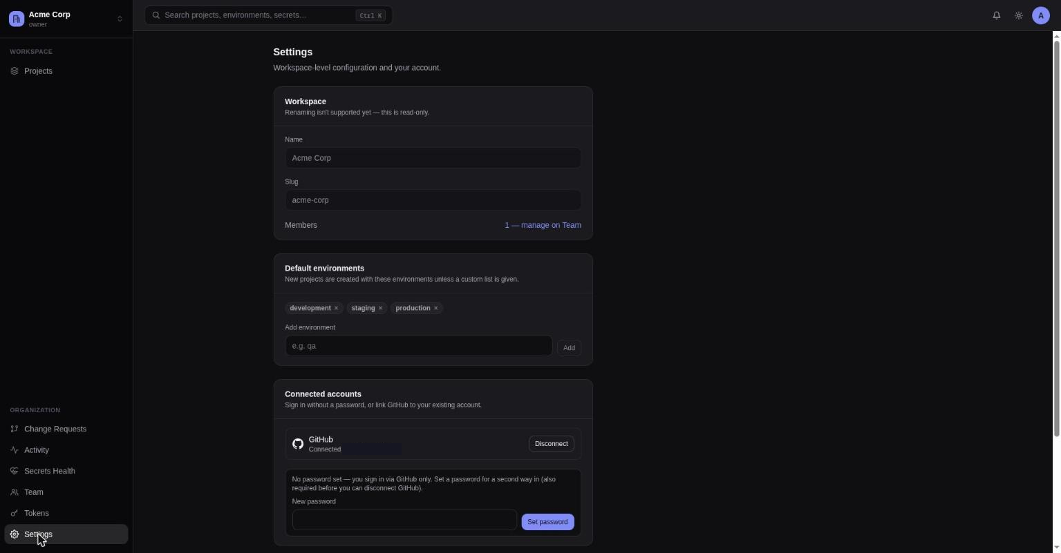 The Settings page: workspace info, default environments, and connected accounts