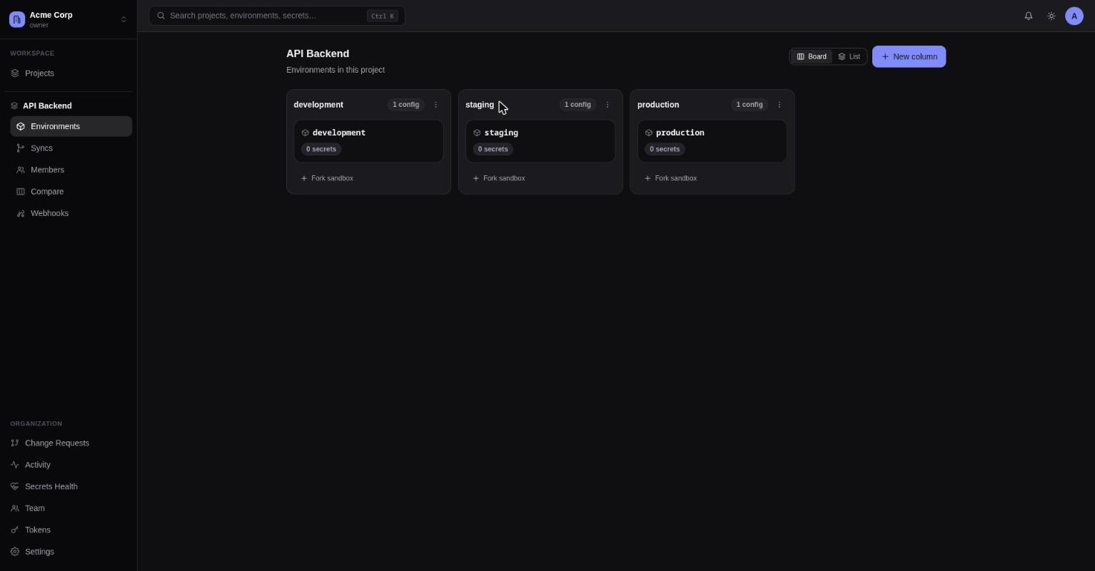 The Vaultic dashboard shell: workspace switcher and nav in the sidebar, project list in the main pane