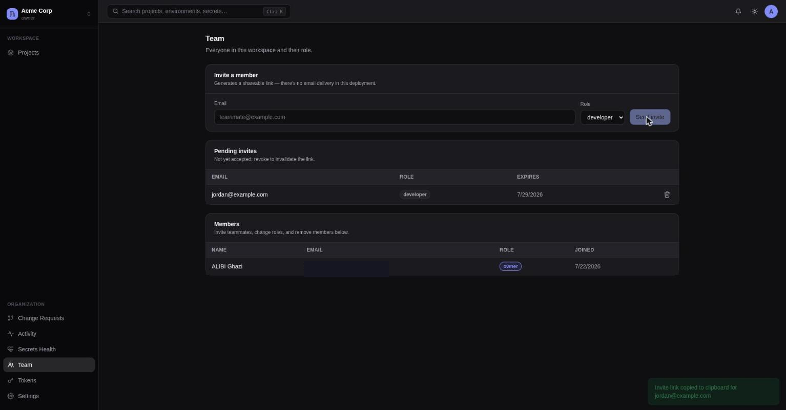 The Team page: invite form, pending invites, and the members table