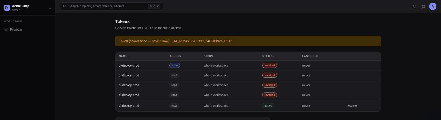 The Tokens page, with the one-time token value banner after creation