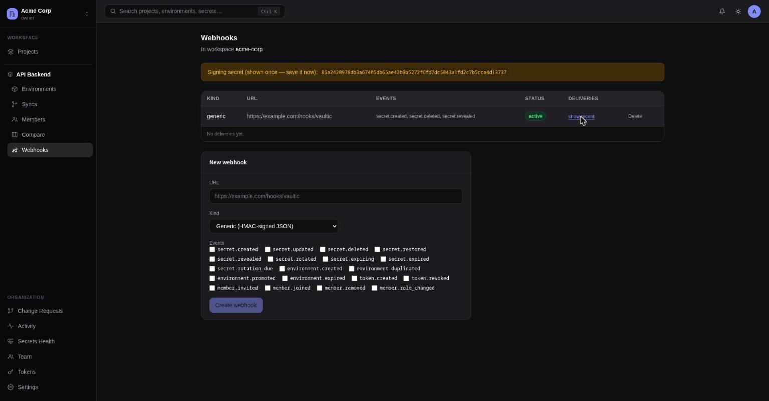 The Webhooks page, with the one-time signing secret banner and the webhooks table